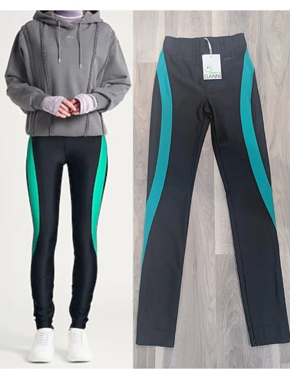 GANNI | High-Waist Colorblock Leggings In Black/Green